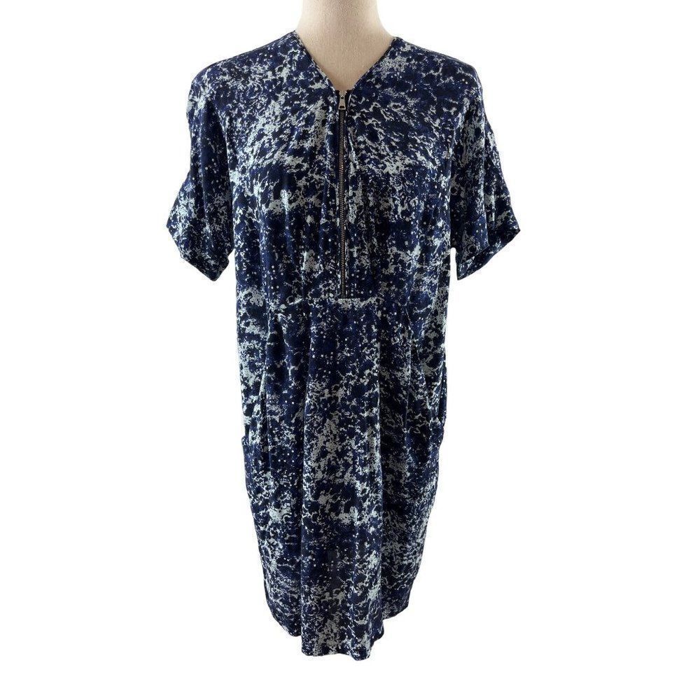 Whistles Poppy Zip Front Pearlized Blue Print Dress Size 8 Lyocell Blend Pockets